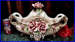 FAB Vintage HUGE 17+L CAPODIMONTE Covered Footed Bowl Tureen HM ROSES+ ITALY
