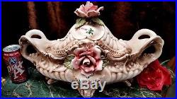 FAB Vintage HUGE 17+L CAPODIMONTE Covered Footed Bowl Tureen HM ROSES+ ITALY