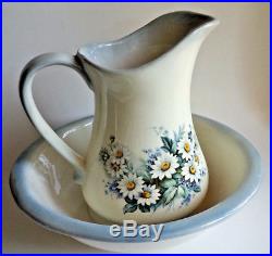 Floral Pitcher and Wash Basin Bowl Cream and Blue Set Daisies Flowers Vintage