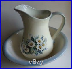 Floral Pitcher and Wash Basin Bowl Cream and Blue Set Daisies Flowers Vintage