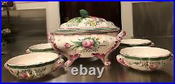 French Hand Painted Faience China Soup Tureen With LID & Soup Bowls Set Vtg
