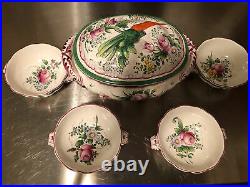 French Hand Painted Faience China Soup Tureen With LID & Soup Bowls Set Vtg