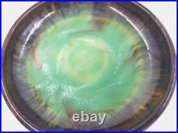 Fulper Pottery Art Deco Green Tan Blue Rolled Edge Bowl 8 Diameter Stamped