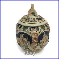 Gerz 5 Liter German Castle Motif Punch Cider Bowl Tureen with Six Mugs Vintage