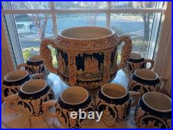 Gerz German Rumtopf Castle Stoneware Tureen Set Punchbowl with 8 Mugs