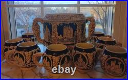 Gerz German Rumtopf Castle Stoneware Tureen Set Punchbowl with 8 Mugs