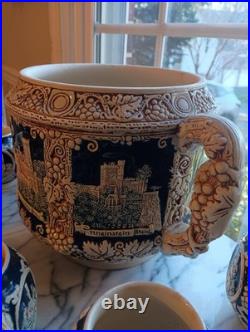 Gerz German Rumtopf Castle Stoneware Tureen Set Punchbowl with 8 Mugs