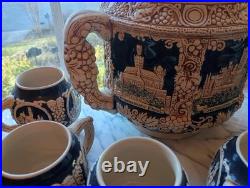 Gerz German Rumtopf Castle Stoneware Tureen Set Punchbowl with 8 Mugs