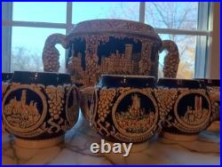 Gerz German Rumtopf Castle Stoneware Tureen Set Punchbowl with 8 Mugs