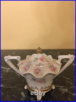 Gorgeous Vtg RS Prussia Hand painted Footed Creamer and Lidded Sugar Bowl Marked