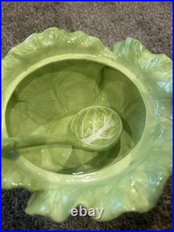 Green Ceramic Lettuce Cabbageware Serving Tureen w Lid, Ladle, ff 1988 3 qt bowl