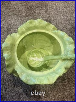 Green Ceramic Lettuce Cabbageware Serving Tureen w Lid, Ladle, ff 1988 3 qt bowl