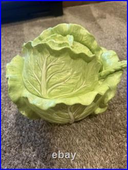 Green Ceramic Lettuce Cabbageware Serving Tureen w Lid, Ladle, ff 1988 3 qt bowl