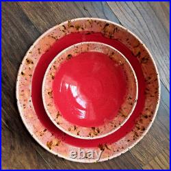 Handmade Pottery Serving Bowls Set of 3 Red Glaze Speckled Rim Studio Art Potter Handmade Pottery Serving Bowls Set of 3 Red Glaze Speckled Rim Studio Art Potter