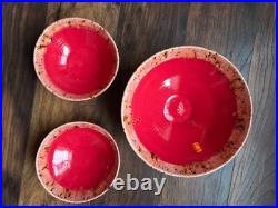 Handmade Pottery Serving Bowls Set of 3 Red Glaze Speckled Rim Studio Art Potter