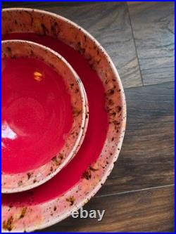 Handmade Pottery Serving Bowls Set of 3 Red Glaze Speckled Rim Studio Art Potter
