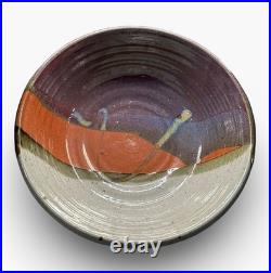 Hanselmann Pottery Large Serving Bowl Signed, Purple Orange Blue 9 Vintage