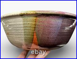 Hanselmann Pottery Large Serving Bowl Signed, Purple Orange Blue 9 Vintage
