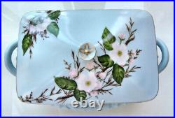 Haviland Limoges Dish Covered Hand Painted Sky Blue Pink Dogwood Minton Blank
