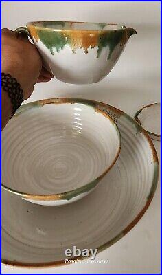 Holly Hill Seagrove NC Pottery, Set/4 Mixing Bowls, Green & Mustard Drip Glaze