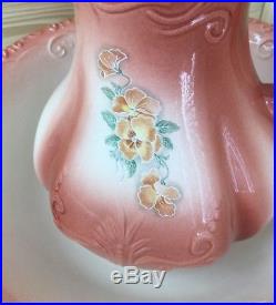 Ironstone England Vintage 1890 Large Wash Bowl&Pitcher Set Pink/Coral with Flowers