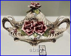 Italian Capodimonte Large Centerpiece Footed Bowl Tureen Handmade Painted Roses