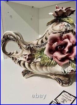 Italian Capodimonte Large Centerpiece Footed Bowl Tureen Handmade Painted Roses