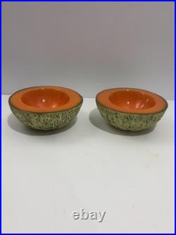 Italian Pottery Ed Langbein Original Set Of 2 Cantaloupe Melon Bowls MCM VTG