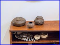 J Edward Barker Kansas Studio Art Pottery Script Design Vessel Bowl Vtg Rare Mcm