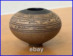 J Edward Barker Kansas Studio Art Pottery Script Design Vessel Bowl Vtg Rare Mcm