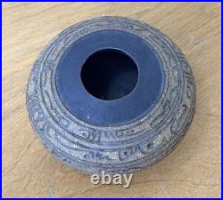 J Edward Barker Kansas Studio Art Pottery Script Design Vessel Bowl Vtg Rare Mcm