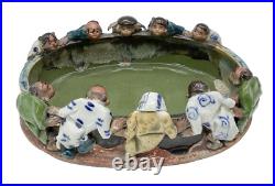 Japanese Sumida Gawa Pottery Oval Pond Bowl Dish 10 Figures 8.25 x 6 x 2.5