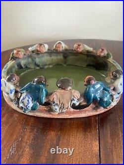 Japanese Sumida Gawa Pottery Oval Pond Bowl Dish 10 Figures 8.25 x 6 x 2.5