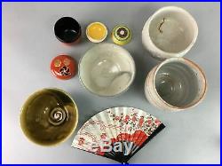 Japanese Tea Ceremony Set Chabako Bowl Fan Wooden Box Vtg Pottery PX313