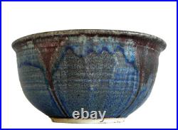 Large 11'' Drip Glaze Handmade Stoneware Art Pottery Matte Blue Bowl Signed, Vtg