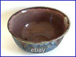 Large 11'' Drip Glaze Handmade Stoneware Art Pottery Matte Blue Bowl Signed, Vtg
