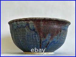 Large 11'' Drip Glaze Handmade Stoneware Art Pottery Matte Blue Bowl Signed, Vtg
