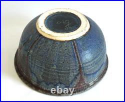 Large 11'' Drip Glaze Handmade Stoneware Art Pottery Matte Blue Bowl Signed, Vtg