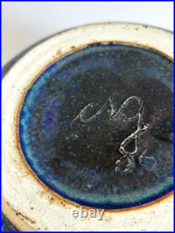 Large 11'' Drip Glaze Handmade Stoneware Art Pottery Matte Blue Bowl Signed, Vtg