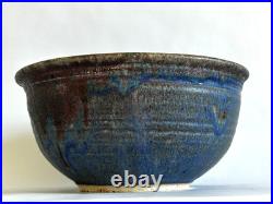 Large 11'' Drip Glaze Handmade Stoneware Art Pottery Matte Blue Bowl Signed, Vtg