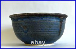 Large 11'' Drip Glaze Handmade Stoneware Art Pottery Matte Blue Bowl Signed, Vtg