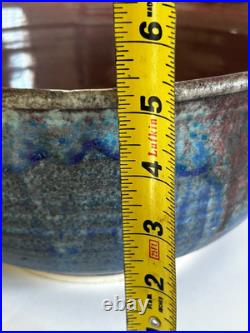 Large 11'' Drip Glaze Handmade Stoneware Art Pottery Matte Blue Bowl Signed, Vtg