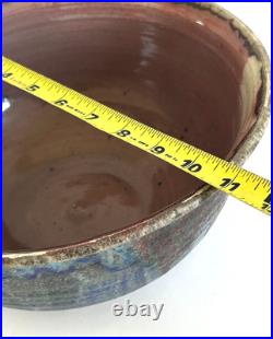 Large 11'' Drip Glaze Handmade Stoneware Art Pottery Matte Blue Bowl Signed, Vtg
