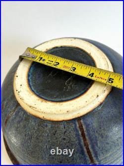 Large 11'' Drip Glaze Handmade Stoneware Art Pottery Matte Blue Bowl Signed, Vtg