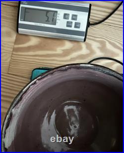 Large 11'' Drip Glaze Handmade Stoneware Art Pottery Matte Blue Bowl Signed, Vtg