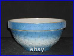 Large 8 7/8 Blue & White Embossed Basketweave Stoneware Mixing Bowl Salt Glazed