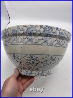 Large Antique Stoneware Mixing Bowl Spongeware Pattern With Band 13 Great Size
