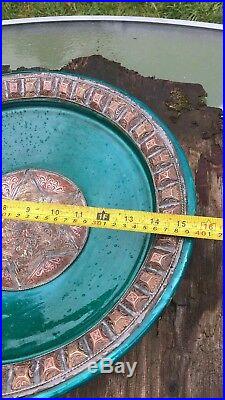 Large Antique Vintage Pottery and Brass Bowl