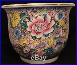 Large Floral Planter Hand Painted Jardiniere Bowl Oriental Asian Vintage