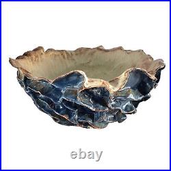 Large Studio Art Pottery Bowl Blue Ruffled Sculptural Brutalist 13.5